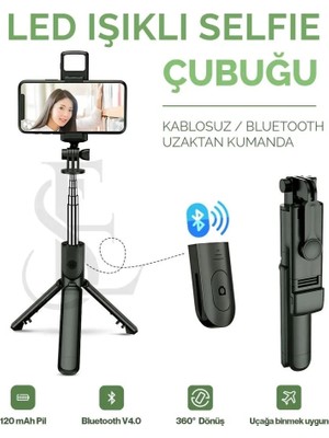 Hace Bazaar LED Işıklı Selfie Çubuğu Bluetooth Kumandalı Kablosuz Tripot Selfie Monopod Selfie Stick Siyah