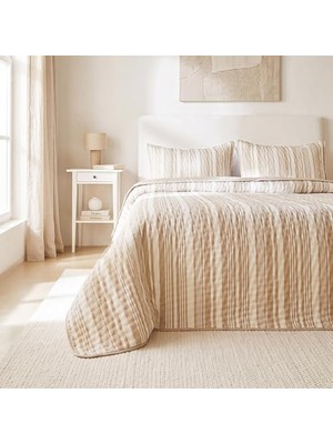 Bomii Pamuklu Kapitoneli Bej Renk Çizgi Desen Çift Kişilik Yatak Örtüsü Seti 1 Adet 250 x 230/2 Adet 50 x 70 cm