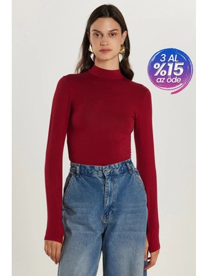 Tudors Kadın Regular Fit Klasik Kesim Viskon Kumaş Balıkçı Yaka Bordo Bluz