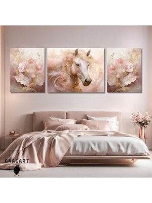 Ceylan Adam 3lü Kanvas Şık Salon Duvar Tablosu Modern Soyut Pembe Gold At, 30 x 40