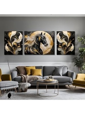 Ceylan Adam 3lü Kanvas Şık Salon Duvar Tablosu Modern Soyut Siyah Gold At, 50 x 70