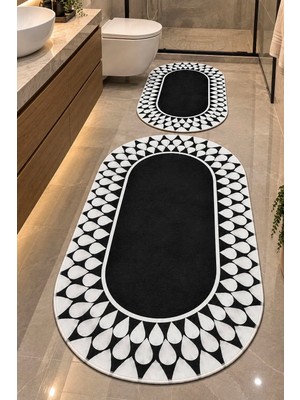 Çelebi Home Siyah Beyaz Damla Oval Kesim Makinede Yıkanabilir Kaymaz Taban 2’li Takım Banyo Paspası