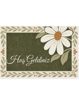 Ceylan Adam Hoş Geldiniz Yazılı Papatyalı Kapı Paspası, Kaymaz Kauçuk Taban, Makinede Yıkanabilir, Dijital Baskılı Kapı Önü ve Antre Paspası, Zeytin, 40X60 cm