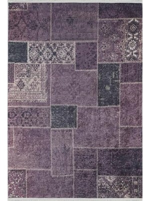 Trendexa Mor Gri Patchwork Vintage Modern Kaymaz Taban Salon Halısı Dijital Baskı