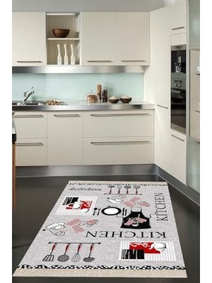 Trendexa Ontheclouds Kitchen Desenli Dijital Baskılı Kaymaz Taban Yıkanabilir Leke Tutmaz Mutfak Halısı Gri, 180 x 280