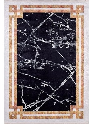 Trendexa Siyah Mermer Desenli Modern Kaymaz Taban Salon Halısı Dijital Baskı