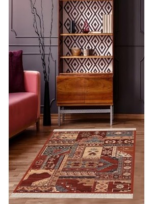 Trendexa Pelangi Osmanlı Motifler Desenli Etnik Dijital Baskı Yıkanabilir Kaymaz Taban Salon Halı ve Yolluk, Kiremit-Bordo 40 x 40