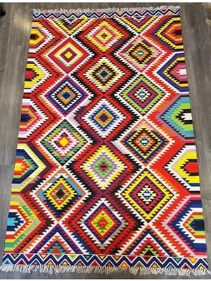 Trendexa Cotton 549 Etnik ve Vintage Desenli Çift Taraflı Çok Renkli Kilim, 80 x 150