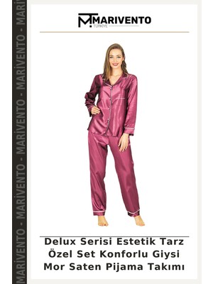 Marivento Delux Serisi Estetik Tarz Özel Set Konforlu Giysi Mor Saten Pijama Takımı