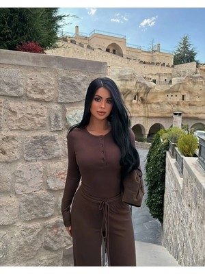 EVOA Basic Düğmeli Bluz ve Bol Paça Pantolon Takım L - Kahverengi