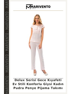 Marivento Delux Serisi Gece Kıyafeti Ev Stili Konforlu Giysi Kadın Pudra Penye Pijama Takımı