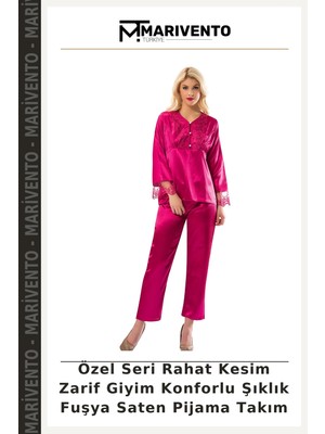 Marivento Özel Seri Rahat Kesim Zarif Giyim Konforlu Şıklık Fuşya Saten Pijama Takım