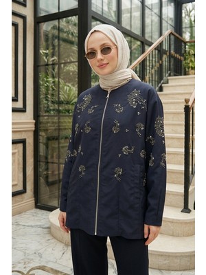 Lale Butik Kadın Boncuk Işlemeli Önü Fermuarlı Ince Mevsimlik Pamuklu Ceket 24471 Lacivert