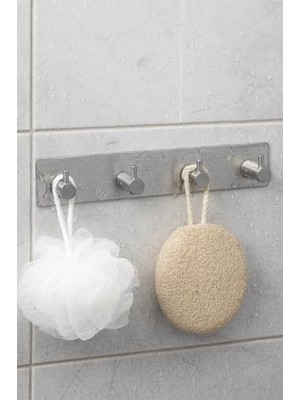 Mey İthalat 4'lü Paslanmaz Çelik Banyo Askısı, 4 Kancalı Kendinden Yapışkanlı Vidasız Duvar Askılığı, Havlu Bornoz Mutfak Askısı, 32 x 5 Cm, Gümüş