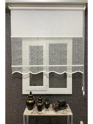 Mey İthalat Çift Mekanizmalı Dal Desenli Tül ve Stor Perde Kırık Beyaz (Alüminyum Kasa), 175 x 200 cm