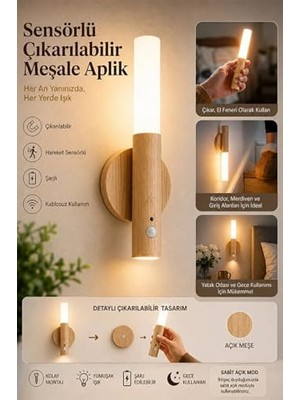Mey İthalat Sensörlü Şarjlı Meşale Aplik Kablosuz LED Duvar Lambası Çıkarılabilir Dekoratif Gece Işığı