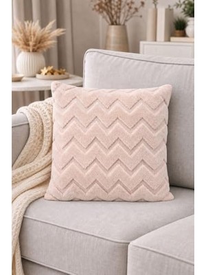 Mey İthalat Iskandinav Tarz Dekoratif Peluş Kırlent Kılıfı 42X42 cm Kabartmalı Desenli Yumuşak Dokulu Yastık Kılıfı Tekli (Bej (Zigzag Desen))