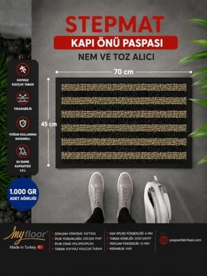 Mey İthalat Nem Alıcı Toz Tutucu Çamur Sıyırıcı Pvc Taban ve Pvc Bordürlü Sentetik Fırça Dokulu Siyah&bej Çizgili Halılı Kapı Önü Paspası