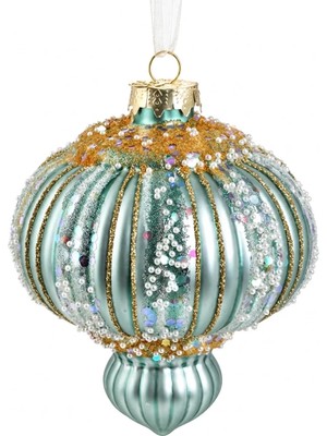 BRANDSMITHS Frosted Aqua Palace – Inci ve Gold Işlemeli Buz Mavisi Cam Yılbaşı Ağacı Süsü - 11 cm