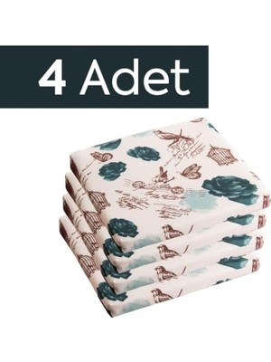 Mey İthalat Sandalye Oturum Minderi Çiçekli 40X40X4 Bağcıklı Çıkarılabilir Kılıflı Su Itici Yeşil 4'lü