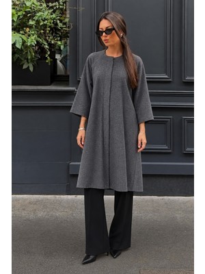 Comstar Kadın Premium Oversize Uzun Rahat Füme Kaşe Panço