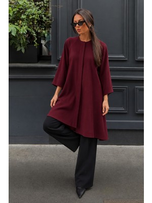 Comstar Kadın Premium Oversize Uzun Rahat Bordo Kaşe Panço