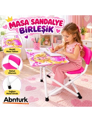Abnturk Prenses Tasarımlı Birleşik Masa Sandalye Ders Çalışma Masası Yazı Tahtalı Katlanabilir Sandalyeli Sağlam ve Dayanıklı