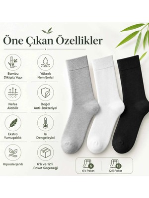 Astraltech Kadın Bambu Uzun Çorap 12’li Paket, Dikişsiz Burunlu Yumuşak Dokulu Siyah Beyaz Gri