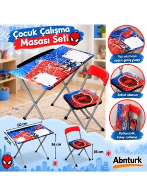 Abnturk Erkek Çocuk Katlanır Ders Çalışma Masa Sandalye Seti Sağlam ve Dayanıklı Pratik Örümcek Adam Çalışma Masası