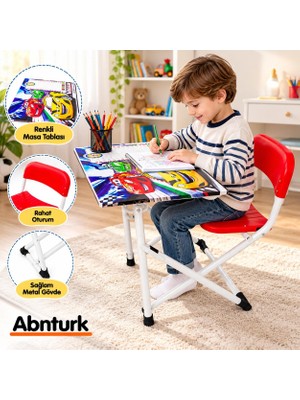 Abnturk Araba Tasarımlı Birleşik Masa Sandalye Ders Çalışma Masası Yazı Tahtalı Katlanabilir Sandalyeli Sağlam ve Dayanıklı
