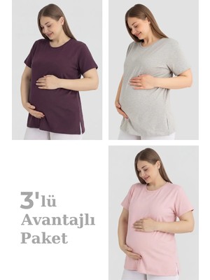 Marivento Premium Esnek Bluz Gebe Üstü Konforlu Üst Pamuklu Kısa Kollu Hamile Tişört 3'lü Paket