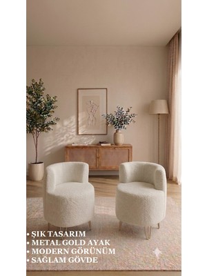 Bm Design Peluş 2'li Berjer Seti - Gold Metal Ayaklı - Kolay Kurulum