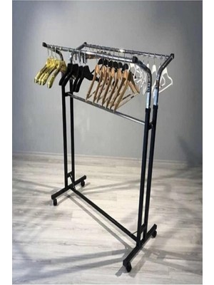 Rafta Tekerlekli Elbise Askılığı, Çift Raylı, Metal Gövde, 180 cm Yükseklik, Siyah