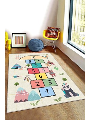 Rafta Viva Home Makinede Yıkanan Kaymaz Taban Seksekli Çocuk Halısı AR757, Kemik, 80 x 150