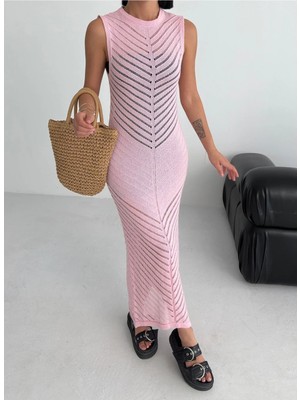Shophia Vücuda Oturan Yırtmaçlı Triko Plaj Elbise - Pembe