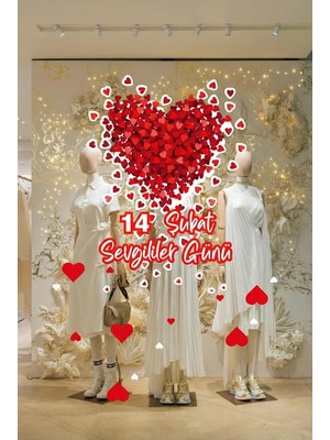 Rafta Etrafa Saçılmış Kalpler 14 Şubat Sevgililer Günü Cam Vitrin Sticker, Kalp Desenli Dekoratif Duvar Çıkartması, Sevgililer Günü Mağaza Vitrin Dekorasyonu