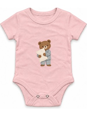The Lucid Lab Bear In Striped Pajamas Holding A Pillow Çıtçıtlı Body - Pembe