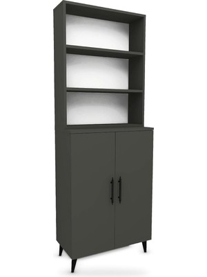 Rafta Lidya Dolaplı Kitaplık 6 Raflı 2 Kapaklı 65 Cm, Koyu Gri