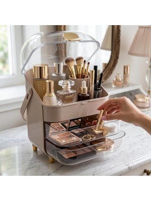 Rafta Premium Çekmeceli ve Kapaklı Taşınabilir Makyaj ve Kozmetik Düzenleyici, Pembe ve Milky Coffee Renk Seçenekleri, Altın Aksesuarlı (Sütlü Kahve)
