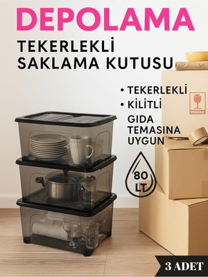Rafta Tr 80 Lt Tekerlekli Saklama Kutusu (3'lü Set) - Kilitli, Gıda Temasına Uygun, Şeffaf Depolama Kutusu Siyah