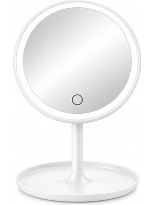 Rafta Tr LED Işıklı Masaüstü Ayna, Dokunmatik Kontrol, Tepsili Taban, Kozmetik Model, Makyaj Aynası (Beyaz, Oval)