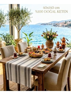 Defne Store Masa Örtüsü Runner, Keten-Pamuk, Çizgili Desen, Gri-Beyaz, 40X140 Cm, Modern Dekoratif, Amerikan Servis