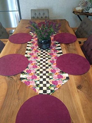 Defne Store Ayşemce Amerikan Servis Takım 6 Mor Renk Supla, Dama'lı,(Mackenzie Çiçek Desenli) Runner. A-HOME304