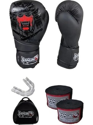 Defne Store Dragon Do Yakuza Kick Boks Eldiveni Şeffaf Dişlik ve 3 5 Metre Elastik Bandaj 3'lü Set Siyah 14 Oz