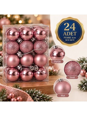 Devideko 24 Adet 3 cm Pembe Yılbaşı Ağaç Süsü - Parlak Mat Simli Mini Yılbaşı Topu Seti