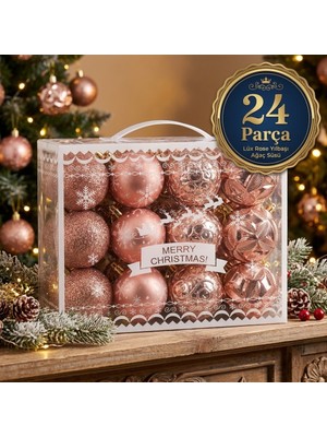 Devideko 24 Parça Lüks Rose Gold Yılbaşı Ağaç Süsü - Desenli ve Simli Yılbaşı Topu Seti 6 cm