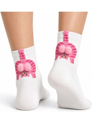 Hace Bazaar Kadın Beyaz Pembe Kedi Desenli Ponponlu Soket Çorap | Sevimli 3D Kedi Figürlü Eğlenceli Günlük Çorap