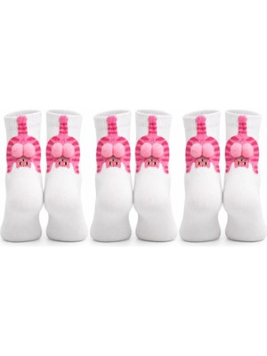 Hace Bazaar Kadın 3'lü Beyaz Pembe Kedi Desenli Ponponlu Soket Çorap Seti | 3D Kedi Figürlü Sevimli Çorap Modeli