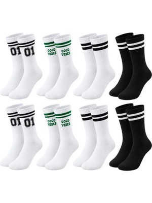 MiraLive Unisex Çorap Çizgili 8'li Set 07 Good Vibes Yazılı Siyah Beyaz Uzun Soket Spor Kolej Stil Çorap