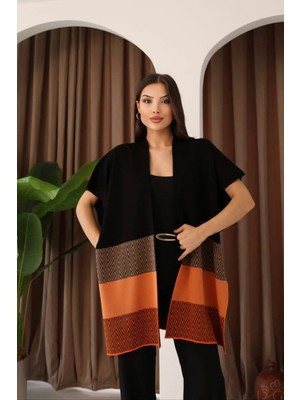 Rmy Moda Siyah Zigzag Desenli Renk Bloklu Geniş Kesim Hırka BCES-253006